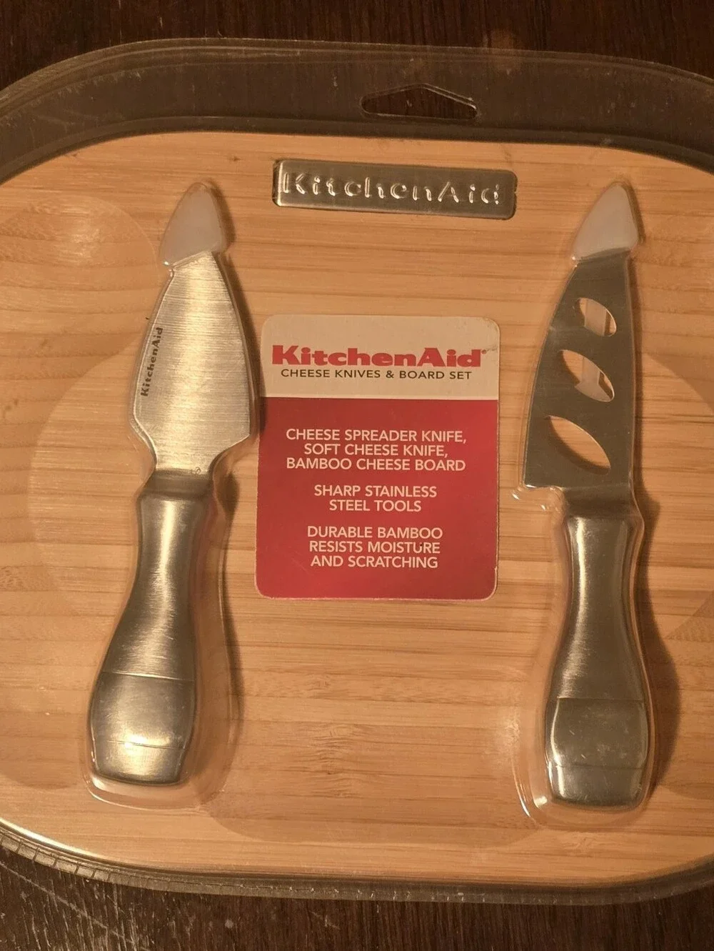 KitchenAid Silver Stainless Steel Cheese Knife Set with Bamboo Board